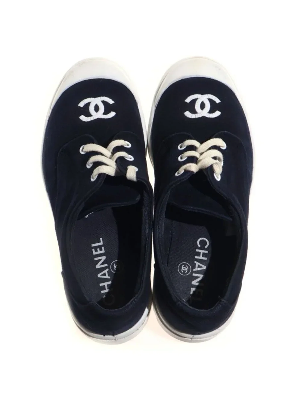 Chanel CC Logo Vintage Sneakers Flat Shoes Navy White Canvas